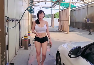 Sexy Korean Woman Cleaning Her Car